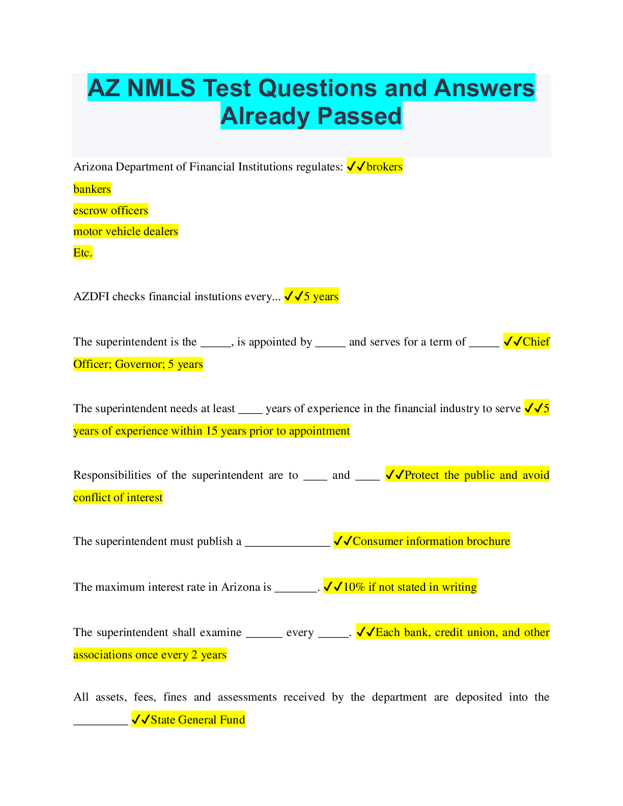 Preview image for AZ NMLS Test Questions and Answers Already Passed